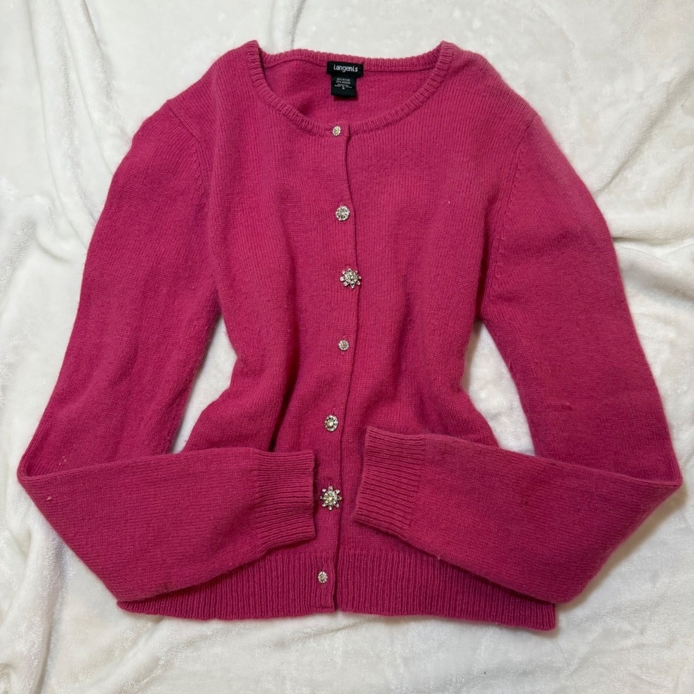 Vintage Tangentis Hot Pink Angora Blend Rhinestone Button Cardigan Womens Small - Picture 2 of 8